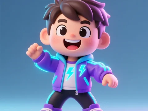 Energetic Motivational Cartoon Boy in Neon Jacket