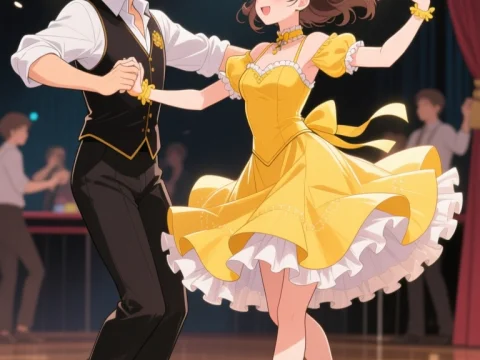 Energetic Square Dance Couple in Yellow Dress