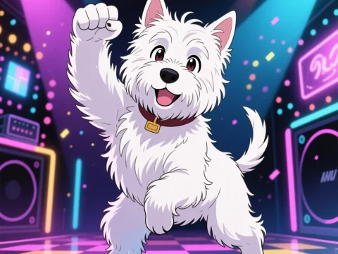 Energetic West Highland White Terrier Dancing in Neon Club