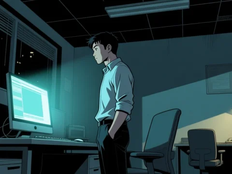 Engineer Working Late in Shadowed Office