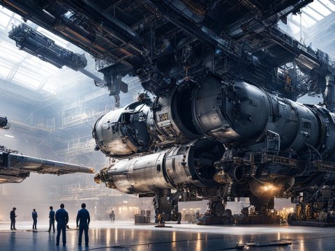 Engineers Repairing Massive Spacecraft in Industrial Hangar
