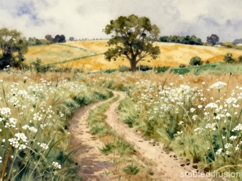 English Countryside Path in Watercolor