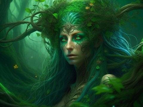 Enigmatic Forest Spirit with Glowing Green Eyes