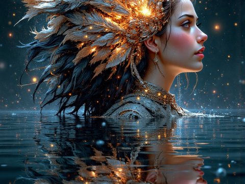 Enigmatic Woman with Glowing Feathered Headdress in Water