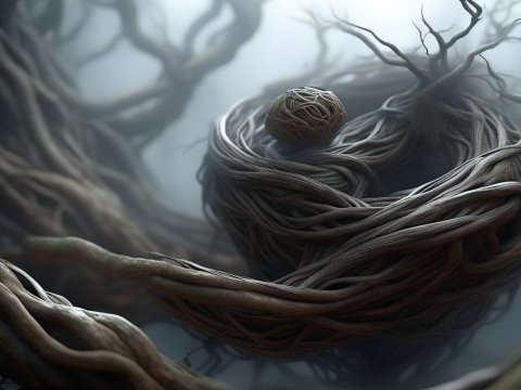 Entangled Roots Forming a Nest with a Yarn Ball