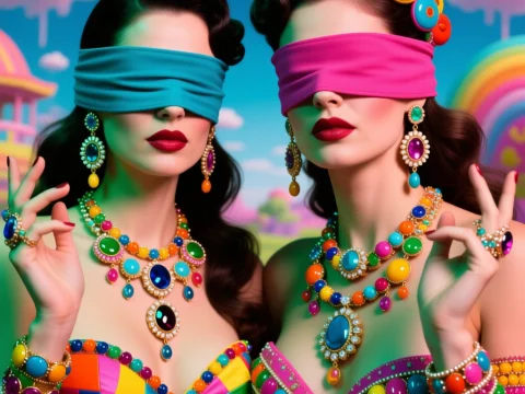 Entangled Women in Vibrant Jewelry and Blindfolds
