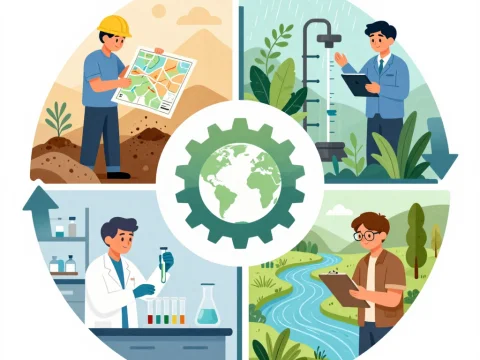 Environmental Research Cycle Illustrated with Scientists and Nature