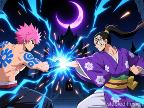 Epic Anime Battle Under a Crescent Moon