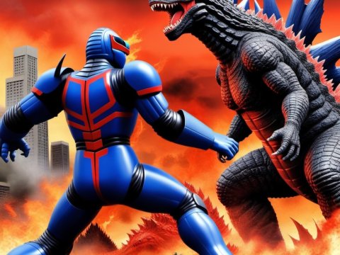 Epic Battle Between Giant Robot and Godzilla in Fiery Cityscape