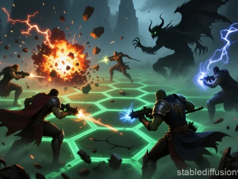 Epic Battle Between Heroes and Dark Demon on Glowing Hex Grid