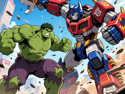 Epic Battle Between Hulk and Megatron in Cityscape