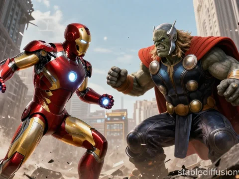 Epic Battle Between Iron Man and Thor in a Cityscape