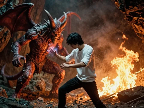 Epic Battle Between Man and Demon in Fiery Cave