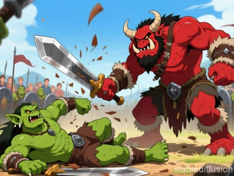 Epic Battle Between Orc and Red Troll in Animated Style