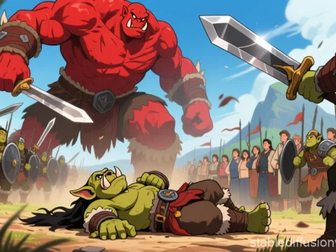 Epic Battle Between Orcs and a Giant in Animated Style