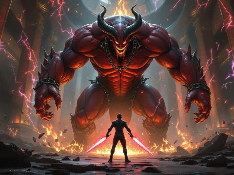 Epic Battle Between Warrior and Towering Demon
