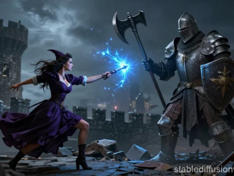 Epic Battle Between Witch and Knight in a Dark Castle