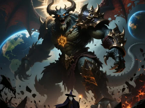 Epic Battle Between Wizard and Colossal Demon Over Earth