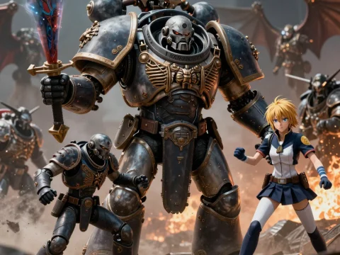 Epic Battle Scene: Warhammer Titan and Anime Warrior Unite