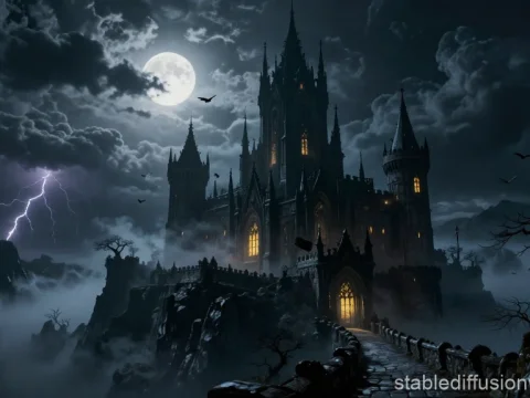 Epic Dark Fantasy Castle Under Full Moon