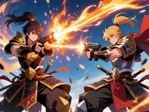 Epic Duel Between Two Armored Warriors with Flaming Guns