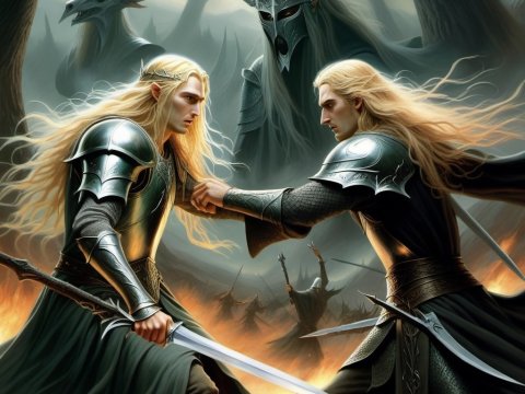 Epic Duel of Elven Warriors in a Dark Enchanted Forest