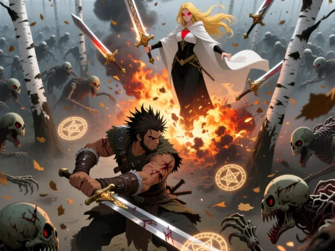 Epic Fantasy Battle in Birch Forest with Sorceress and Warrior