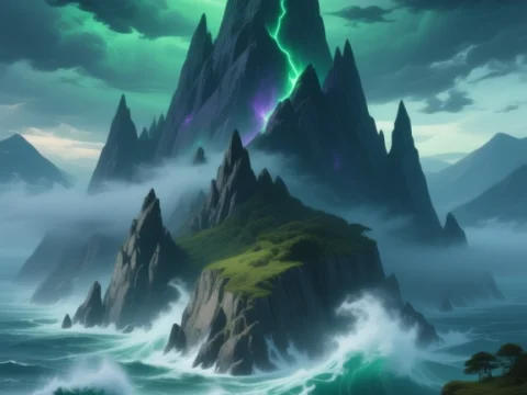 Epic Fantasy Island with Mystical Aurora and Stormy Seas