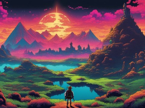 Epic Fantasy Landscape at Sunset with Adventurer