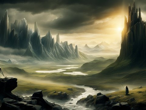 Epic Fantasy Landscape with Castle and Warriors