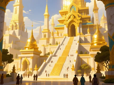 Epic Golden City with Majestic Temples and Stairs