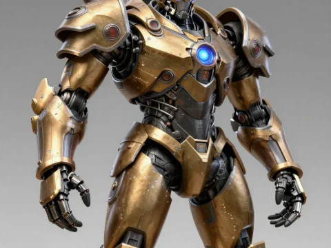 Epic Golden Cyborg Warrior with Blue Core