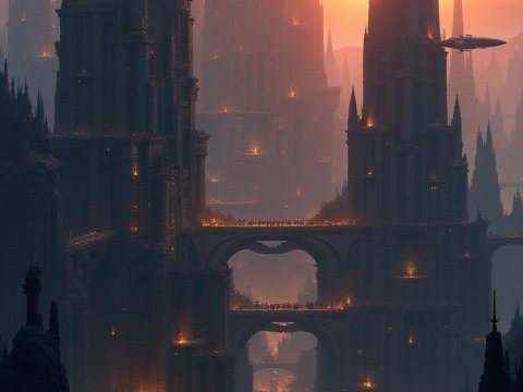 Epic Gothic Cityscape at Sunset with Flying Ships
