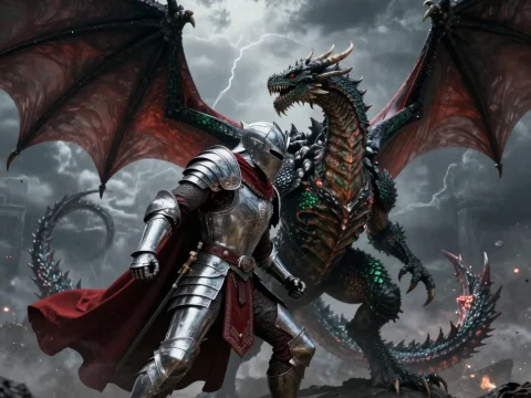 Epic Knight Facing Dark Dragon in Stormy Battlefield