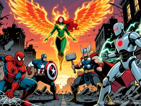 Epic Marvel Comic Battle Scene with Iconic Superheroes
