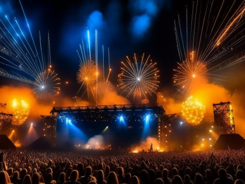 Epic Nighttime Rock Concert with Fireworks and Crowd