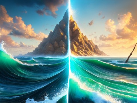 Epic Ocean Waves Parting Around a Mountain at Sunset