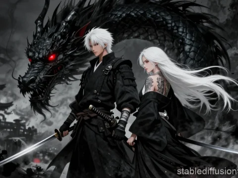 Epic Samurai Duo with Black Dragon in Dark Fantasy Setting