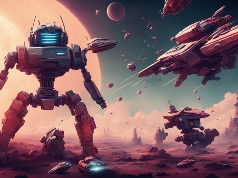 Epic Sci-Fi Battle with Giant Robots and Spaceships on Alien Planet