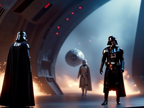 Epic Sci-Fi Scene with Dark Armored Figures in Futuristic Hangar