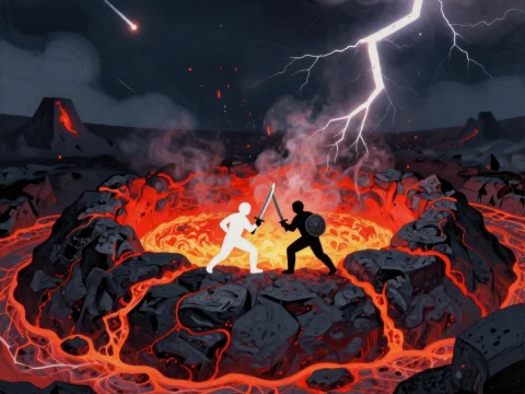 Epic Volcanic Battle Under Lightning Strike