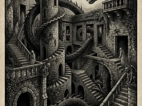 Escher-Inspired Castle with Dragon and Gargoyles
