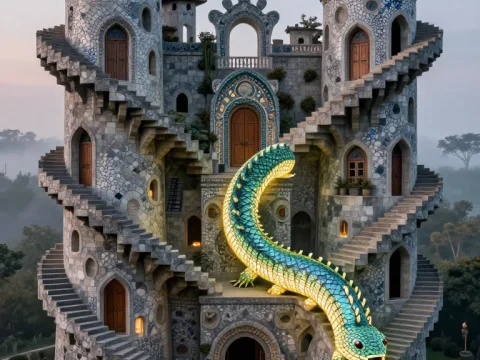 Escher-Inspired Castle with Glowing Lindworm
