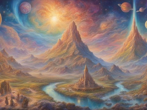 Esoteric Cosmic Landscape with Mystical Mountains and Planets