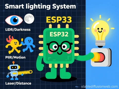 ESP32 Smart Lighting System Infographic with Sensors