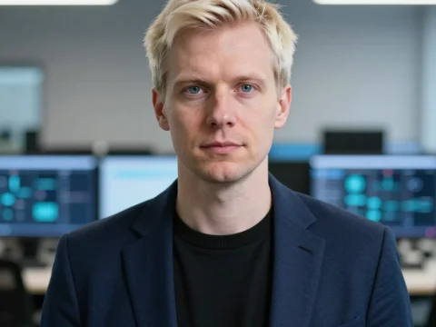 Estonian Cybersecurity Expert in Modern Office