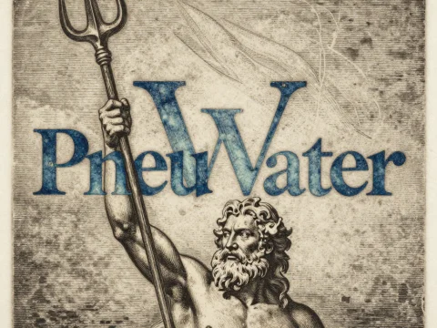 Etched Poseidon Holding Trident with 'PneuWater' Text