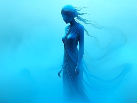 Ethereal Blue Silhouette of a Woman in Flowing Dress