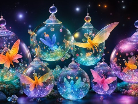 Ethereal Butterflies Encased in Glowing Glass Orbs