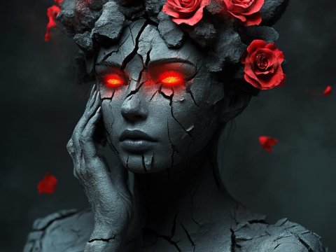Ethereal Cracked Statue Woman with Glowing Eyes and Red Roses